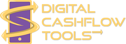 logo for digital cashflow tools purple and yellow phone graphic